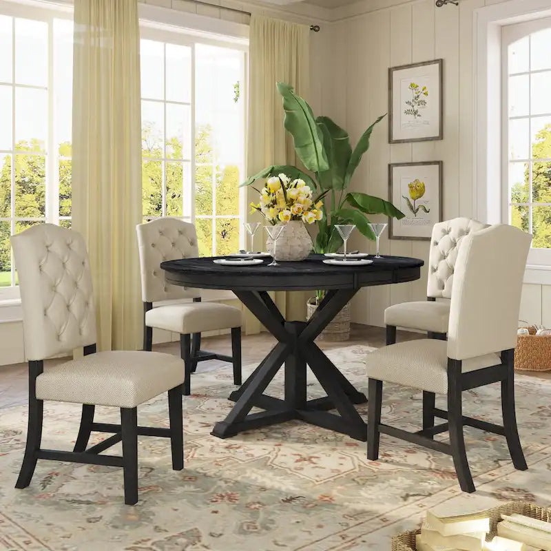 Retro 5-Piece Wooden Dining Table Set with Extendable Round Table & 4 Chairs