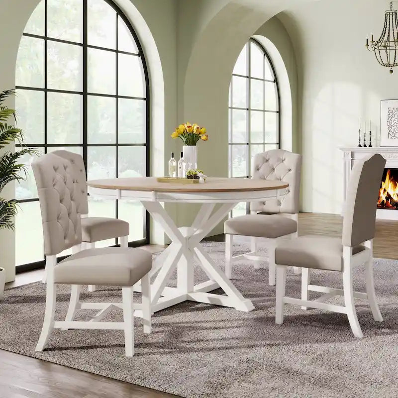 Retro 5-Piece Wooden Dining Table Set with Extendable Round Table & 4 Chairs