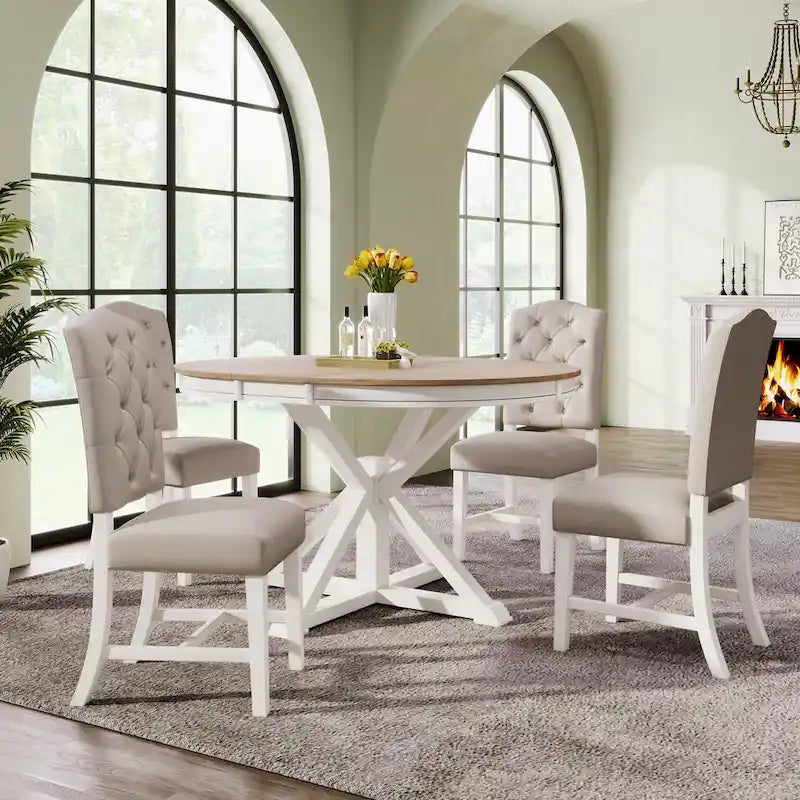 Retro 5-Piece Wooden Dining Table Set with Extendable Round Table & 4 Chairs