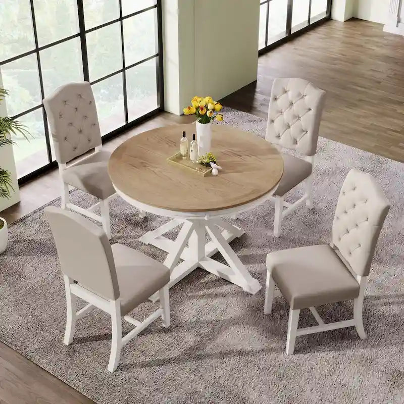 Retro 5-Piece Wooden Dining Table Set with Extendable Round Table & 4 Chairs