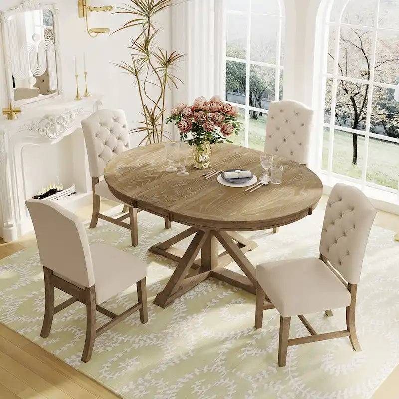 Retro 5-Piece Wooden Dining Table Set with Extendable Round Table & 4 Chairs