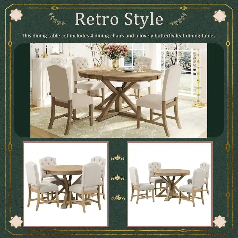 Retro 5-Piece Wooden Dining Table Set with Extendable Round Table & 4 Chairs