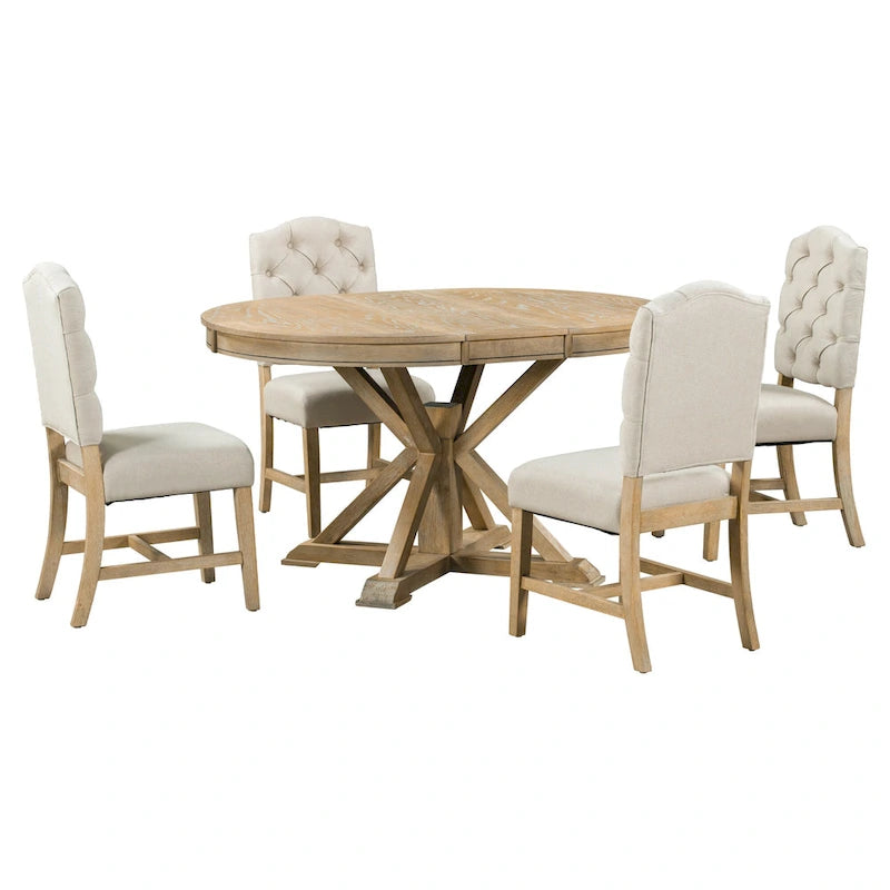 Retro 5-Piece Wooden Dining Table Set with Extendable Round Table & 4 Chairs