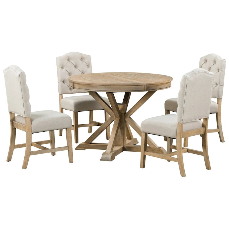Retro 5-Piece Wooden Dining Table Set with Extendable Round Table & 4 Chairs