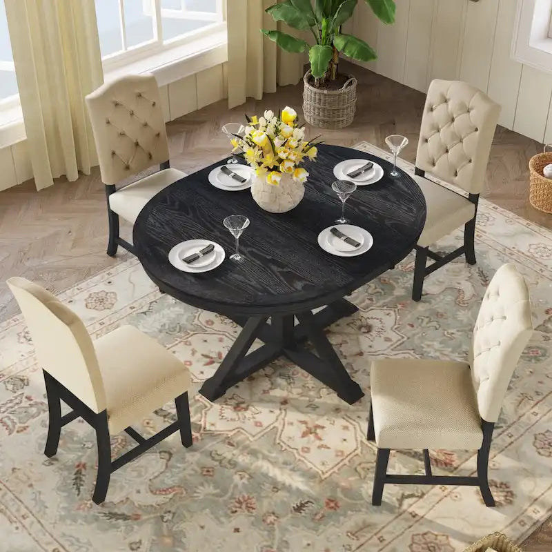 Retro 5-Piece Wooden Dining Table Set with Extendable Round Table & 4 Chairs
