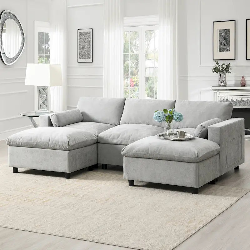 86.5 Chenille Modular Sofa with Storage Pockets, Movable Ottomans