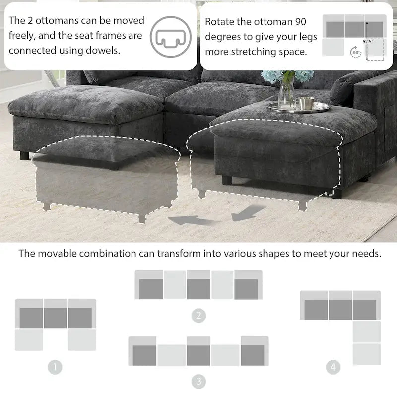 86.5 Chenille Modular Sofa with Storage Pockets, Movable Ottomans