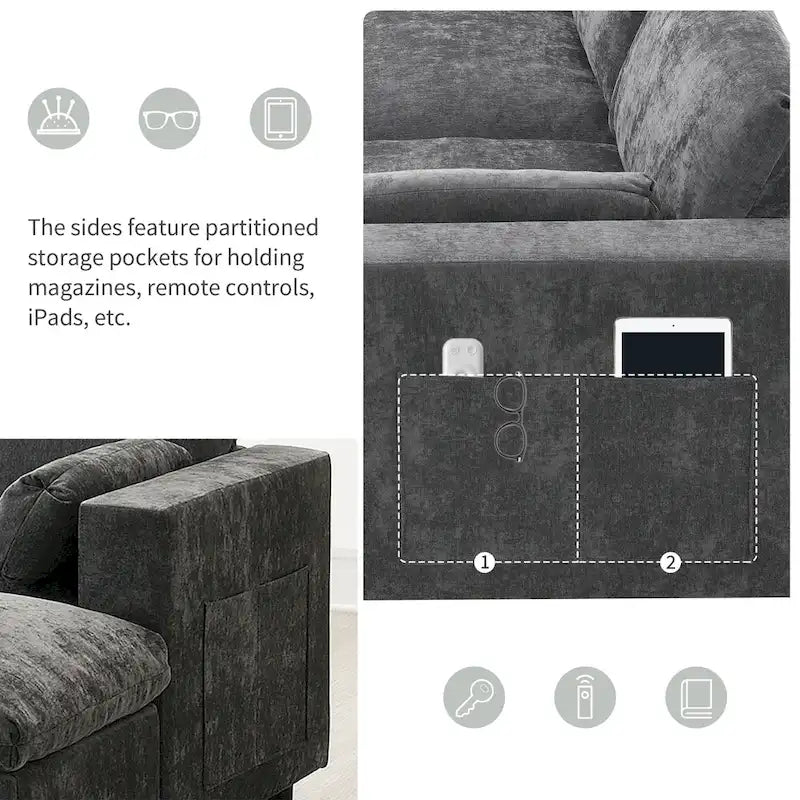 86.5 Chenille Modular Sofa with Storage Pockets, Movable Ottomans