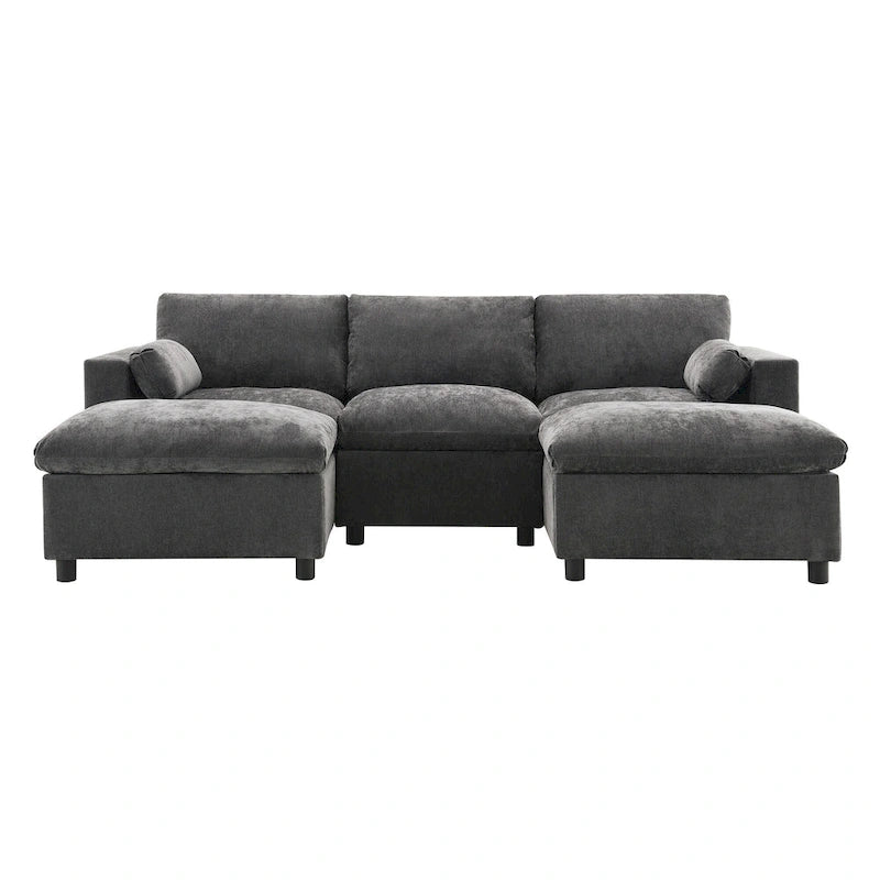 86.5 Chenille Modular Sofa with Storage Pockets, Movable Ottomans