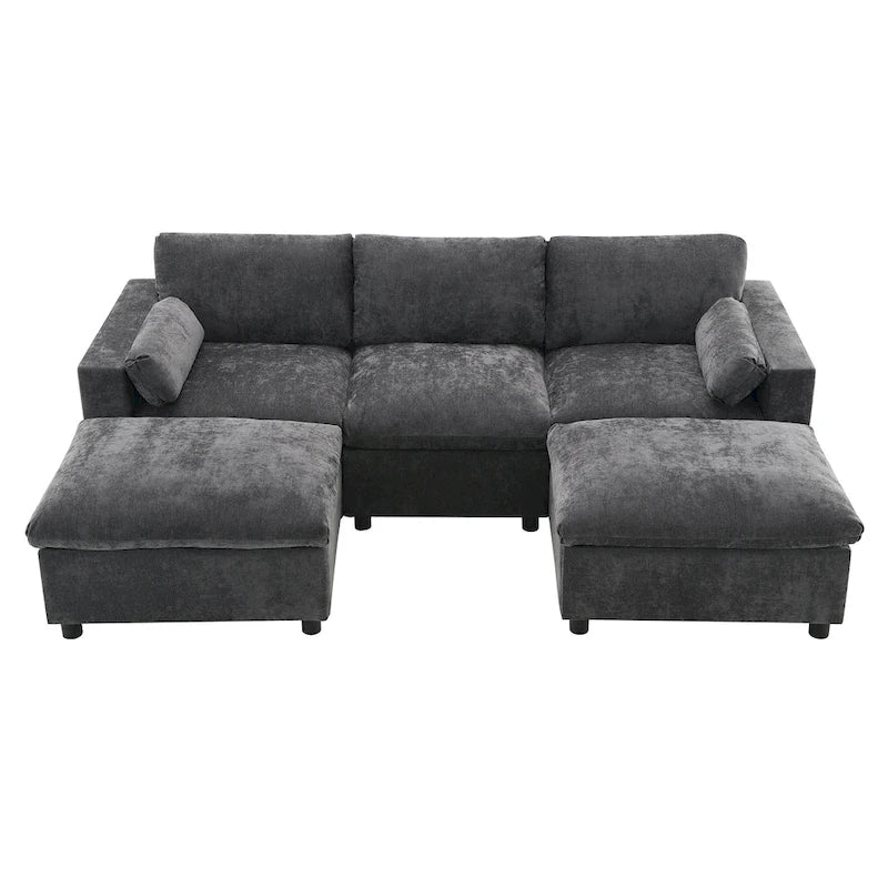 86.5 Chenille Modular Sofa with Storage Pockets, Movable Ottomans