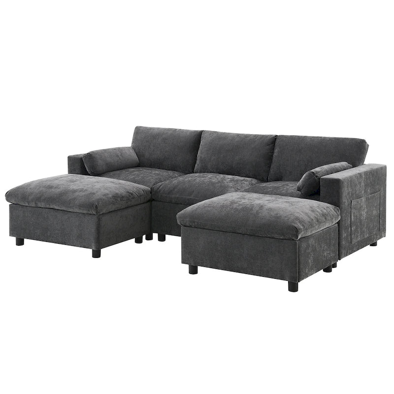 86.5 Chenille Modular Sofa with Storage Pockets, Movable Ottomans