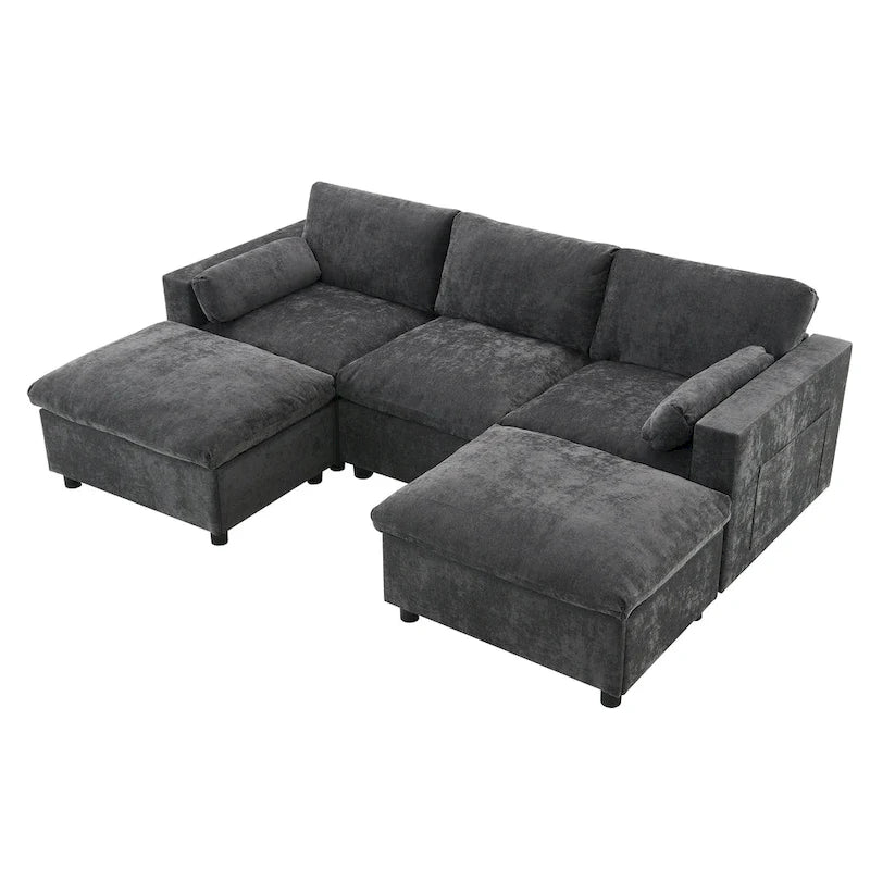 86.5 Chenille Modular Sofa with Storage Pockets, Movable Ottomans