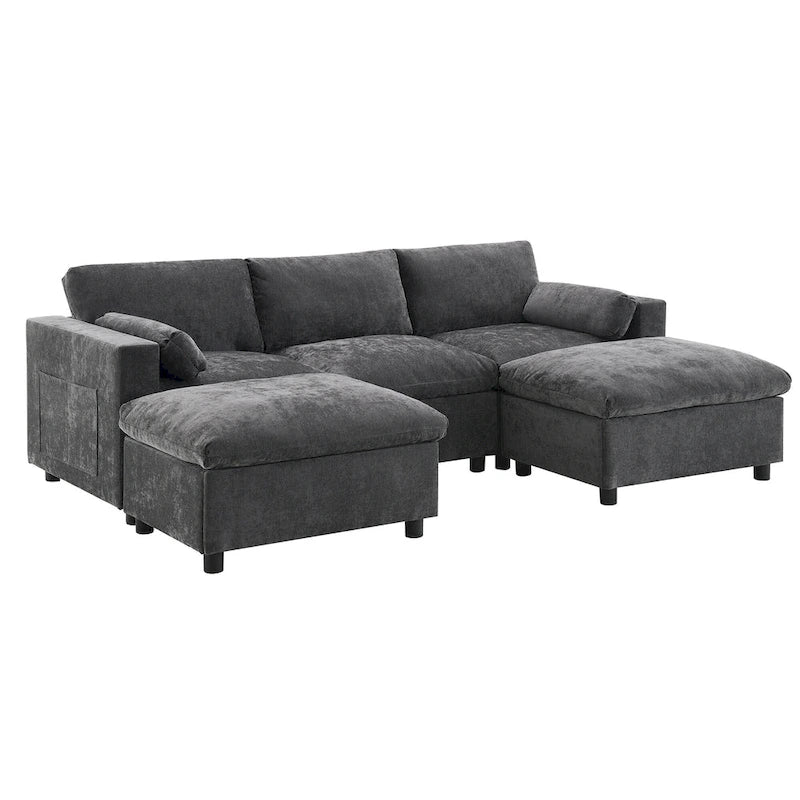 86.5 Chenille Modular Sofa with Storage Pockets, Movable Ottomans