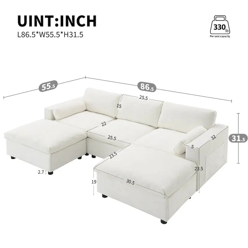 86.5 Chenille Modular Sofa with Storage Pockets, Movable Ottomans