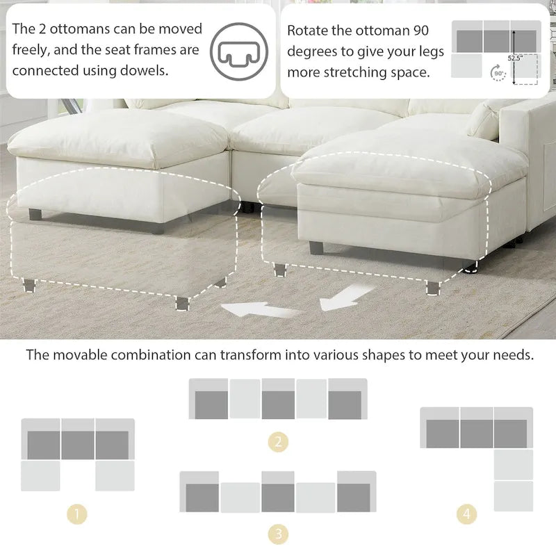86.5 Chenille Modular Sofa with Storage Pockets, Movable Ottomans