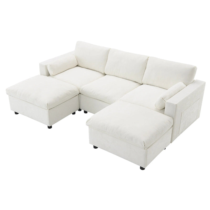 86.5 Chenille Modular Sofa with Storage Pockets, Movable Ottomans