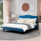 VECELO Modern Tufted Upholstered Bed Frame with Height- Adjustable Headboard,Dark Blue