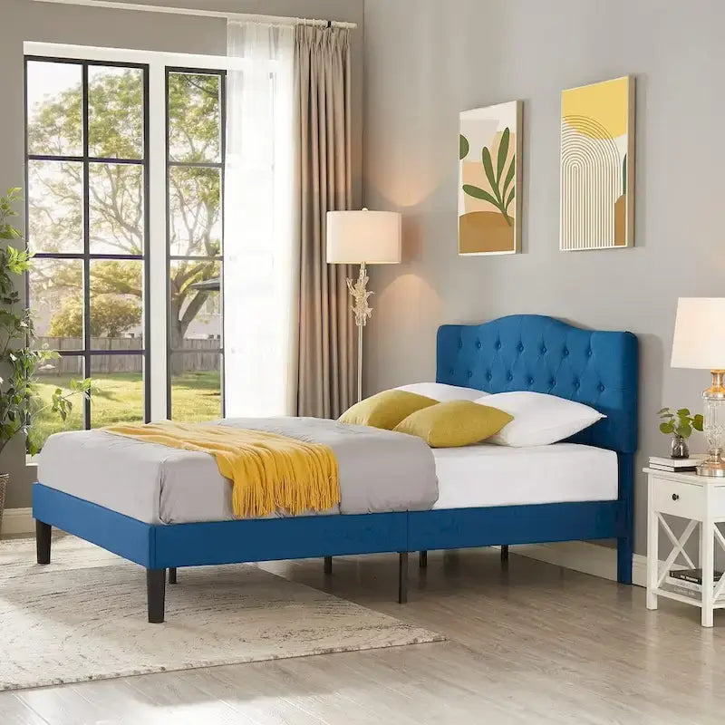 Modern Tufted Upholstered Bed Frame with Height- Adjustable Headboard,Dark Blue