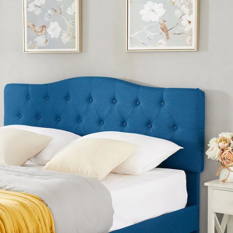 Modern Tufted Upholstered Bed Frame with Height- Adjustable Headboard,Dark Blue