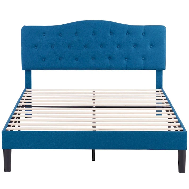 Modern Tufted Upholstered Bed Frame with Height- Adjustable Headboard,Dark Blue