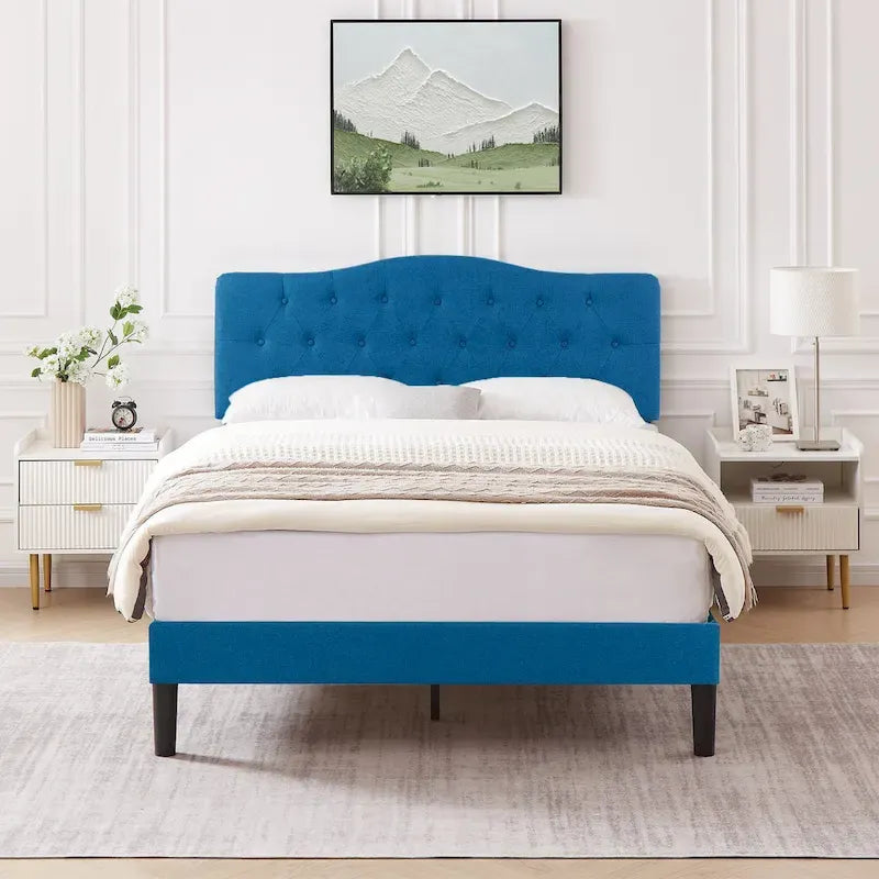 Modern Tufted Upholstered Bed Frame with Height- Adjustable Headboard,Dark Blue