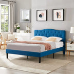 Modern Tufted Upholstered Bed Frame with Height- Adjustable Headboard,Dark Blue