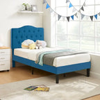 Modern Tufted Upholstered Bed Frame with Height- Adjustable Headboard,Dark Blue