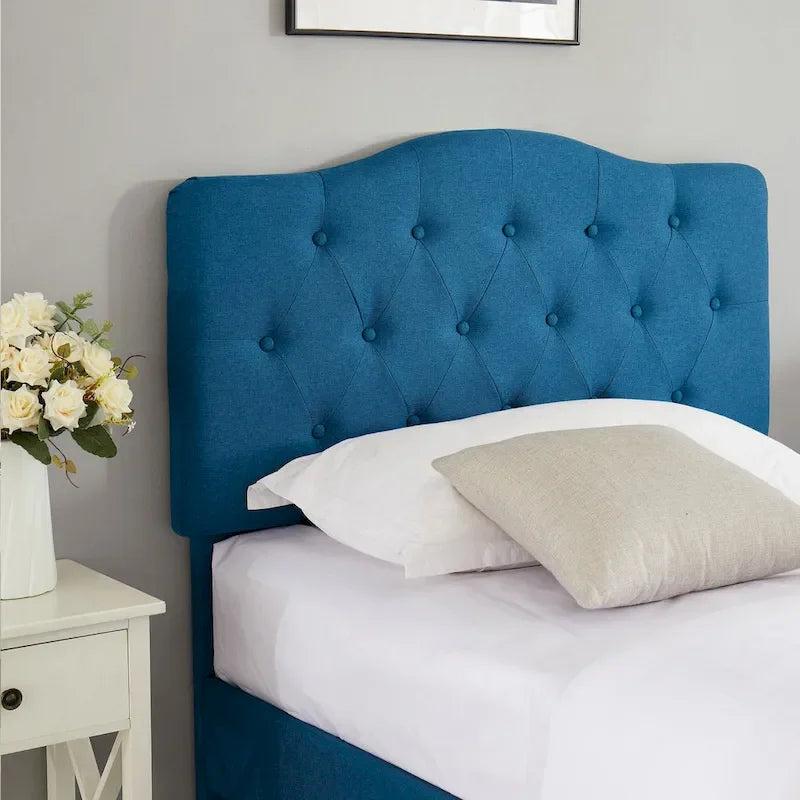 Modern Tufted Upholstered Bed Frame with Height- Adjustable Headboard,Dark Blue