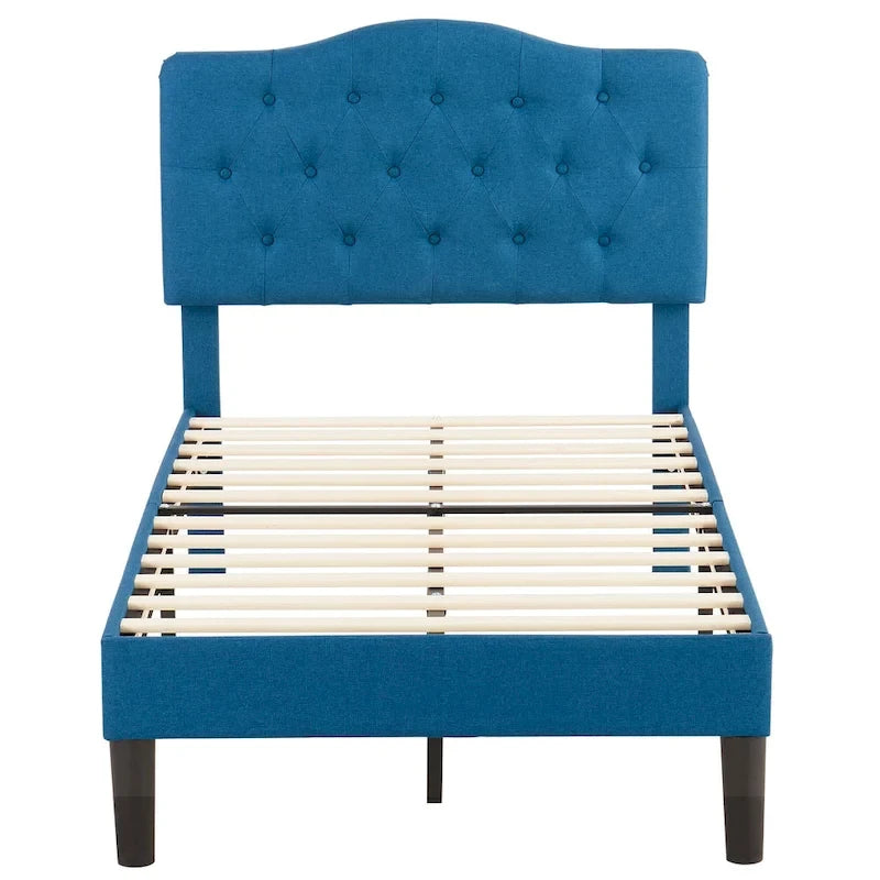 Modern Tufted Upholstered Bed Frame with Height- Adjustable Headboard,Dark Blue