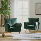 Modern velvet-cushioned armchairs with gold-tone metal legs, two-piece set.