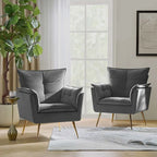 Modern velvet-cushioned armchairs with gold-tone metal legs, two-piece set.
