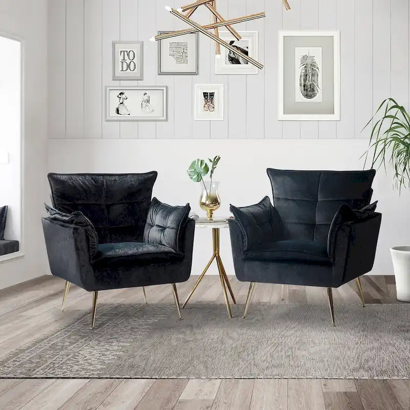 1ida Modern Velvet Tufted Accent Armchair with Gold Metal Legs Set of 2 by HULALA HOME