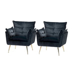 Modern velvet-cushioned armchairs with gold-tone metal legs, two-piece set.