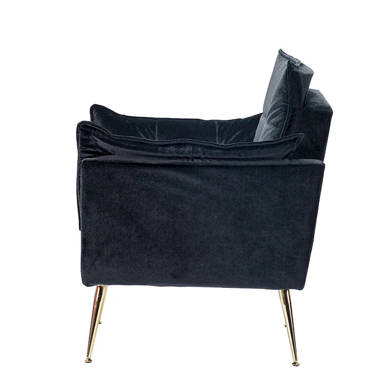 Modern velvet-cushioned armchairs with gold-tone metal legs, two-piece set.