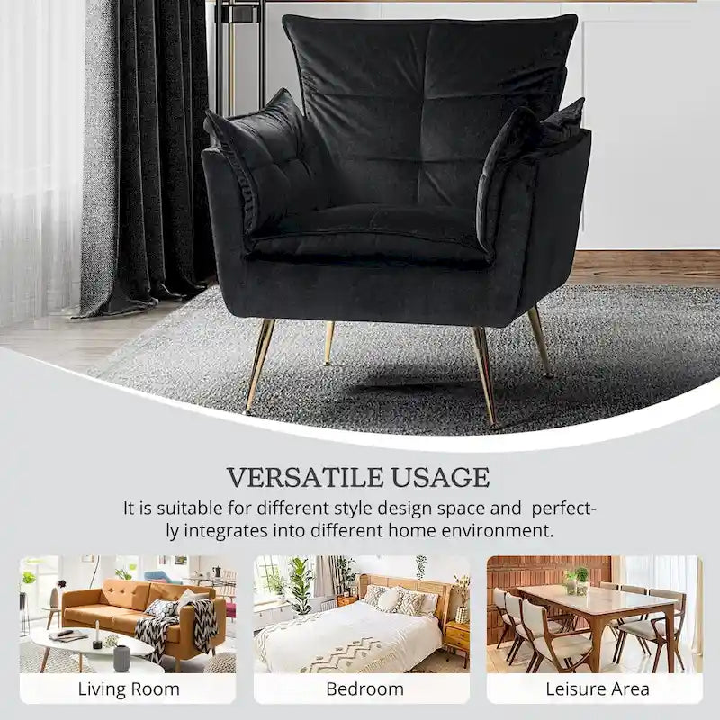 Modern velvet-cushioned armchairs with gold-tone metal legs, two-piece set.