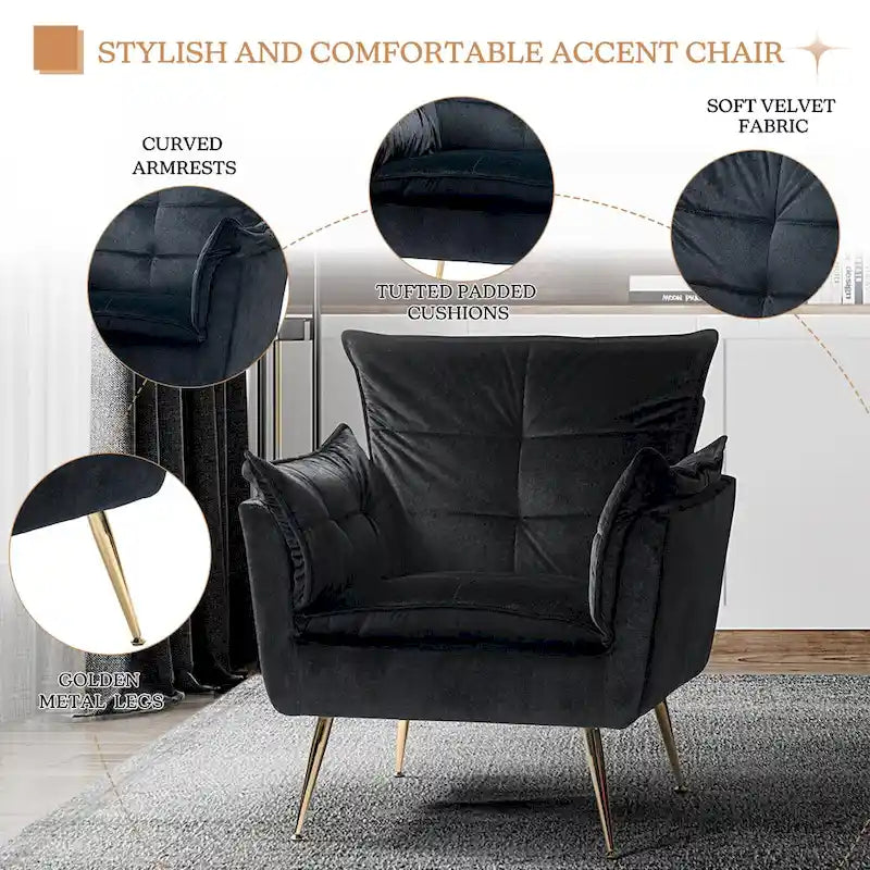 Modern velvet-cushioned armchairs with gold-tone metal legs, two-piece set.