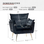 Modern velvet-cushioned armchairs with gold-tone metal legs, two-piece set.