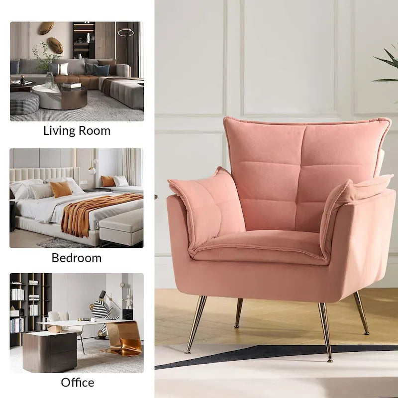 Modern velvet-cushioned armchairs with gold-tone metal legs, two-piece set.