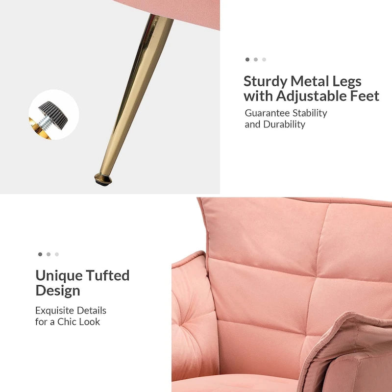 Modern velvet-cushioned armchairs with gold-tone metal legs, two-piece set.