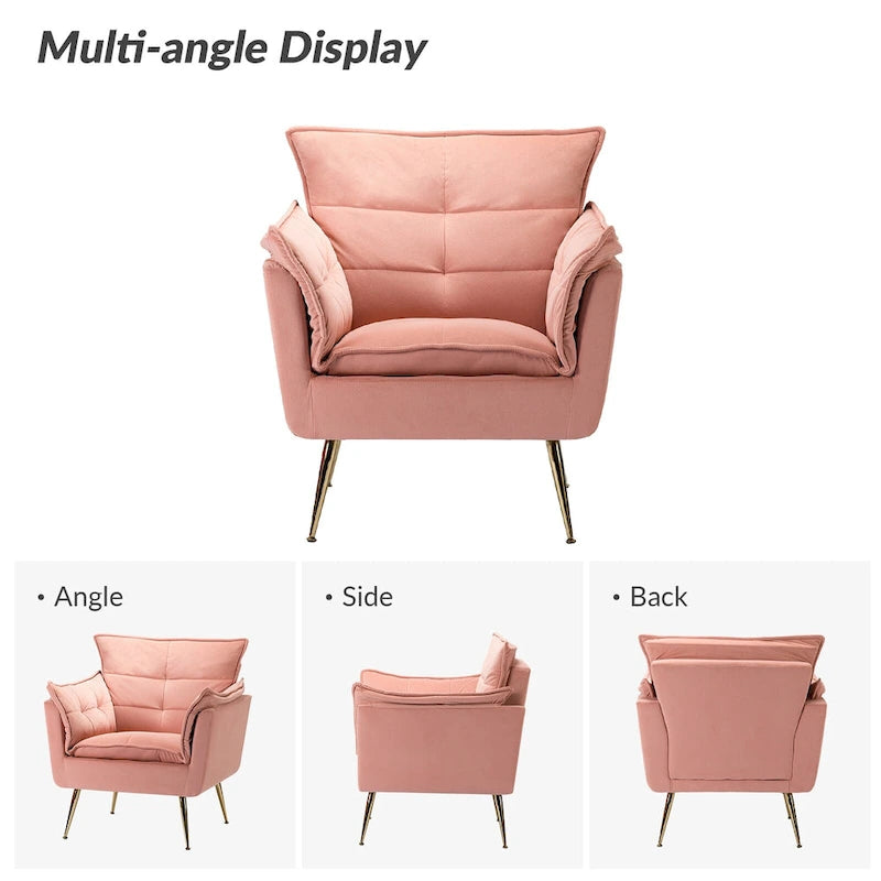 Modern velvet-cushioned armchairs with gold-tone metal legs, two-piece set.