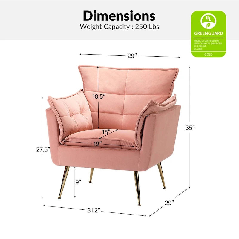 Modern velvet-cushioned armchairs with gold-tone metal legs, two-piece set.