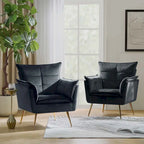 Modern velvet-cushioned armchairs with gold-tone metal legs, two-piece set.