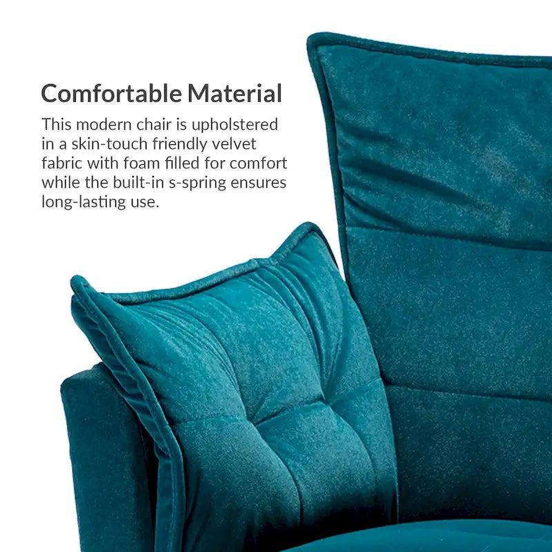 Modern velvet-cushioned armchairs with gold-tone metal legs, two-piece set.