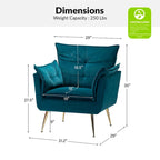 Modern velvet-cushioned armchairs with gold-tone metal legs, two-piece set.