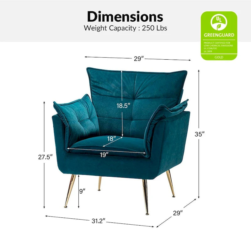 Modern velvet-cushioned armchairs with gold-tone metal legs, two-piece set.