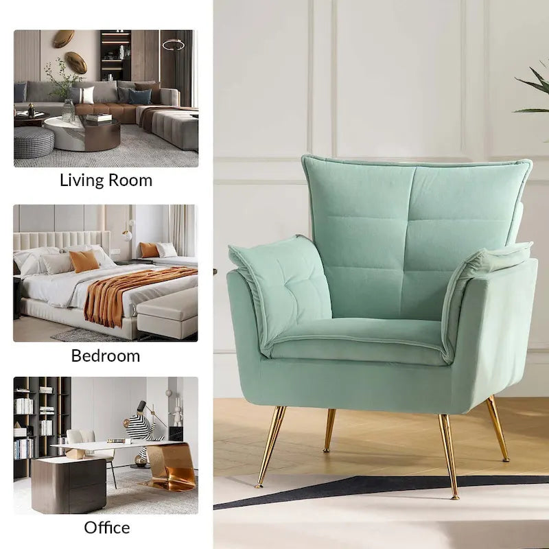 Modern velvet-cushioned armchairs with gold-tone metal legs, two-piece set.