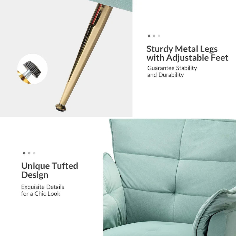 Modern velvet-cushioned armchairs with gold-tone metal legs, two-piece set.