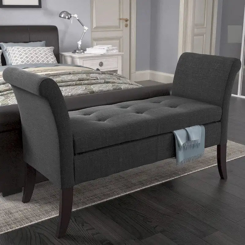 Upholstered Storage Bench with Scrolled Arms