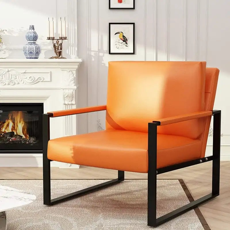 Modern Vintage Upholstered PU Leather Armchair, Mid Century Accent Chairs with Steel Frame, Leisure Chairs