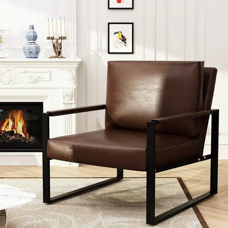Modern Vintage Upholstered PU Leather Armchair, Mid Century Accent Chairs with Steel Frame, Leisure Chairs